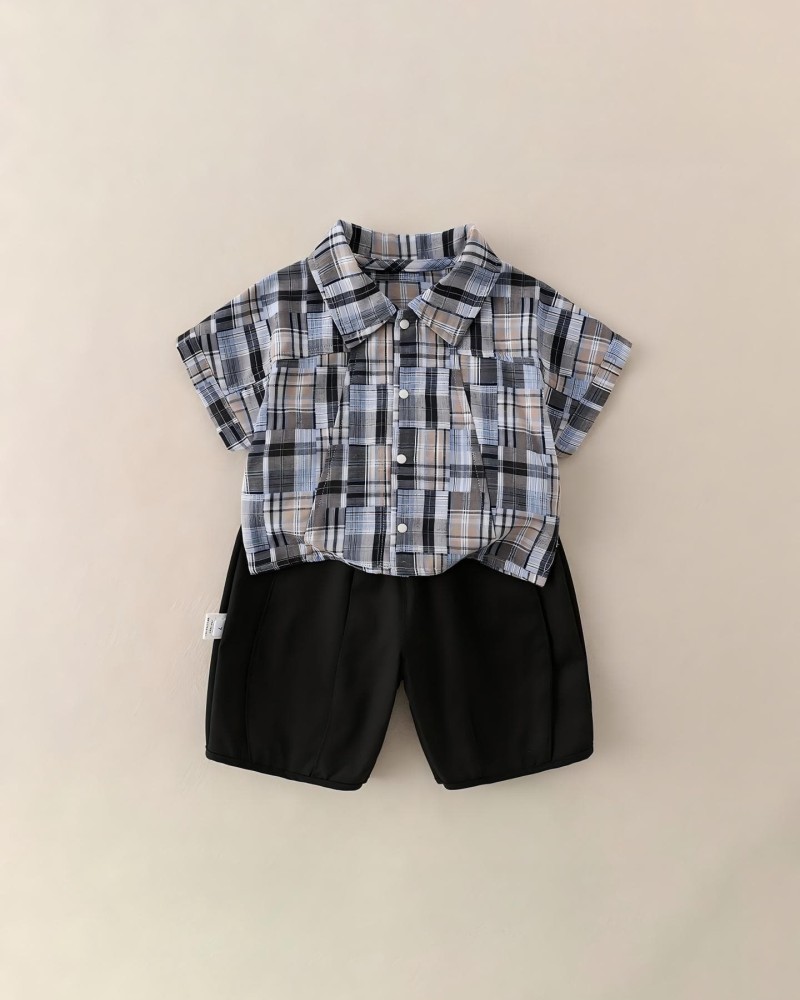 Checkered short-sleeve shirt two-piece set