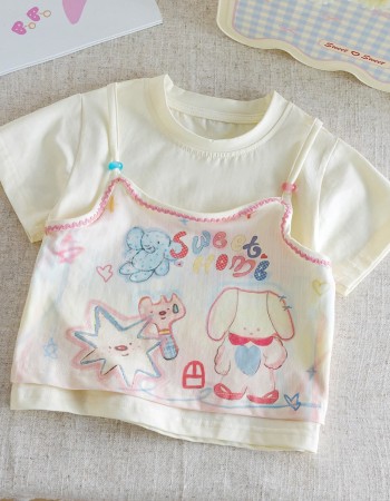 Cartoon print two-piece style short-sleeve T-shirt