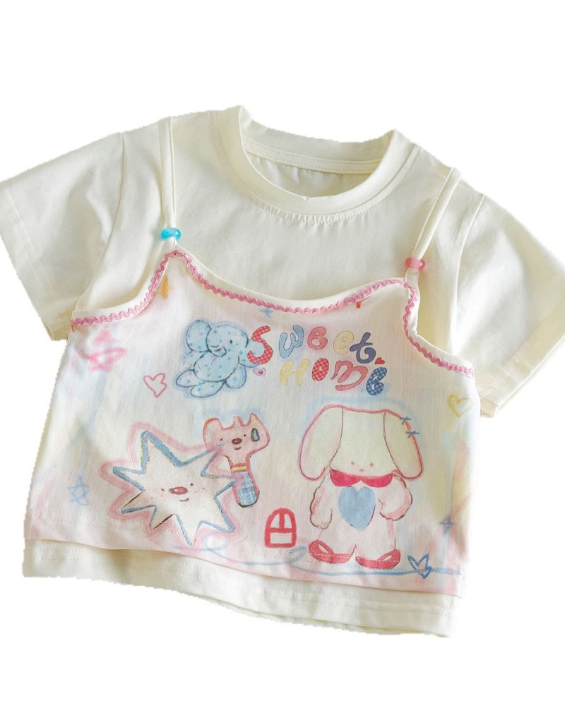 Cartoon print two-piece style short-sleeve T-shirt